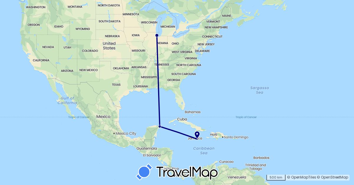 TravelMap itinerary: driving in Jamaica, Mexico, United States (North America)